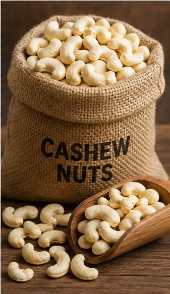 Burlap sack filled with whole cashew nuts, with a wooden scoop