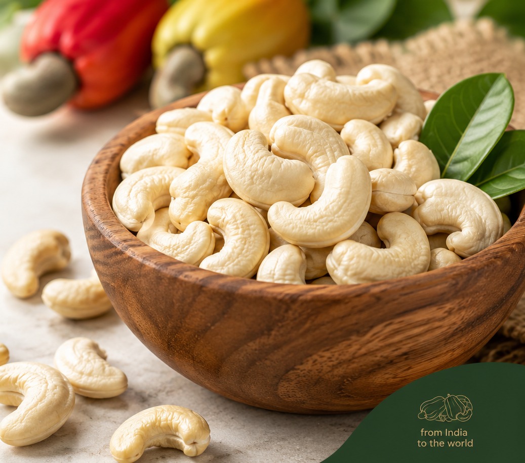 Premium whole cashew kernels in a wooden bowl, with fresh cashew fruit in the background