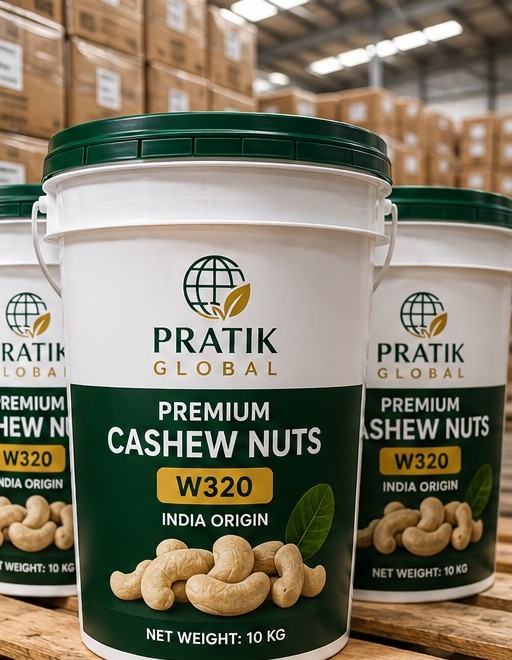 Pratik Global branded 10kg export buckets of premium W320 cashew nuts, palletized in a warehouse