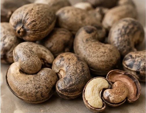 Raw cashew nuts in shell, before processing into kernels